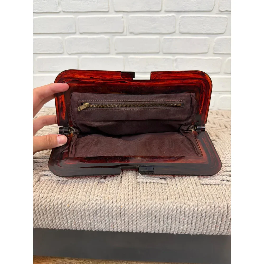 Vintage 1950s-1960s Snakeskin Clutch Brown Lucite Frame Bag